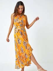 Roman Yellow Sleeveless Floral Halter Neck Midi Dress - Image 3 of 5