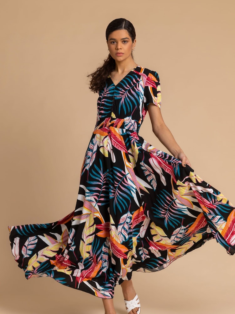 Roman Black Tropical Palm Shirred Waist Maxi Dress - Image 1 of 5 Roman Black Tropical Palm Shirred Waist Maxi Dress - Image 1 of 5