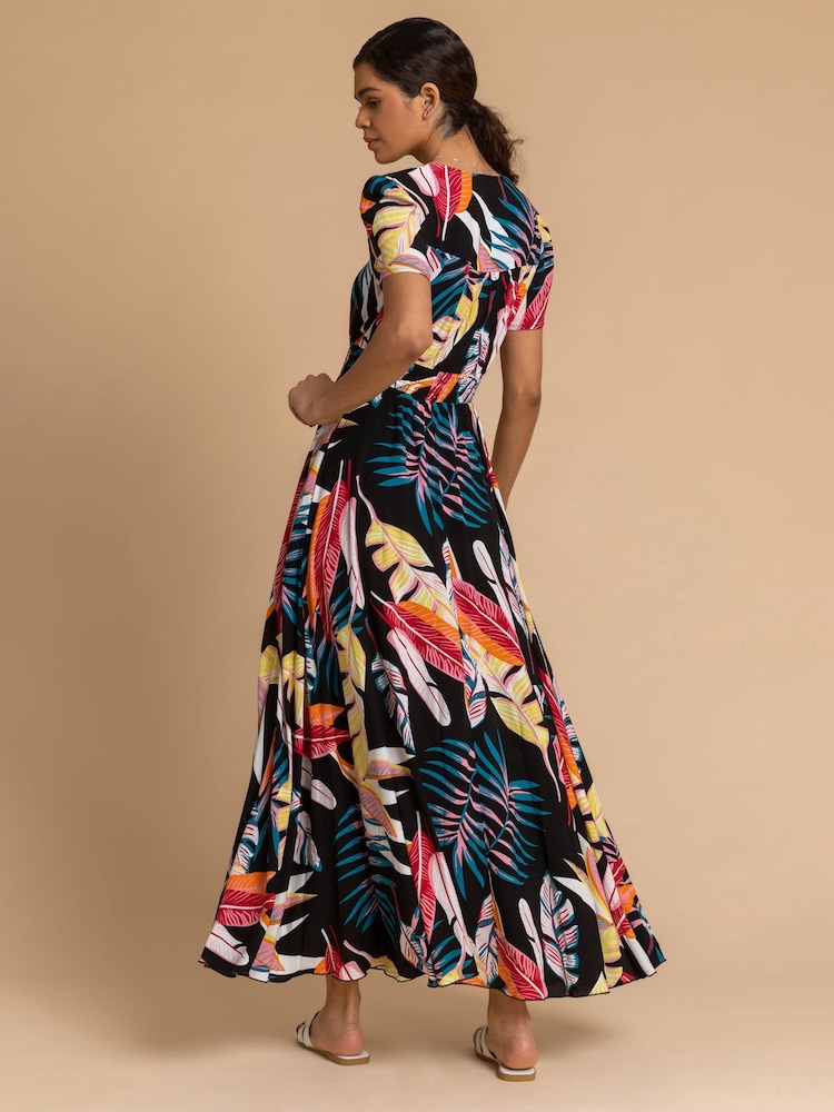 Roman Black Tropical Palm Shirred Waist Maxi Dress - Image 2 of 5 Roman Black Tropical Palm Shirred Waist Maxi Dress - Image 2 of 5
