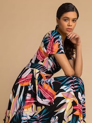 Roman Black Tropical Palm Shirred Waist Maxi Dress - Image 4 of 5