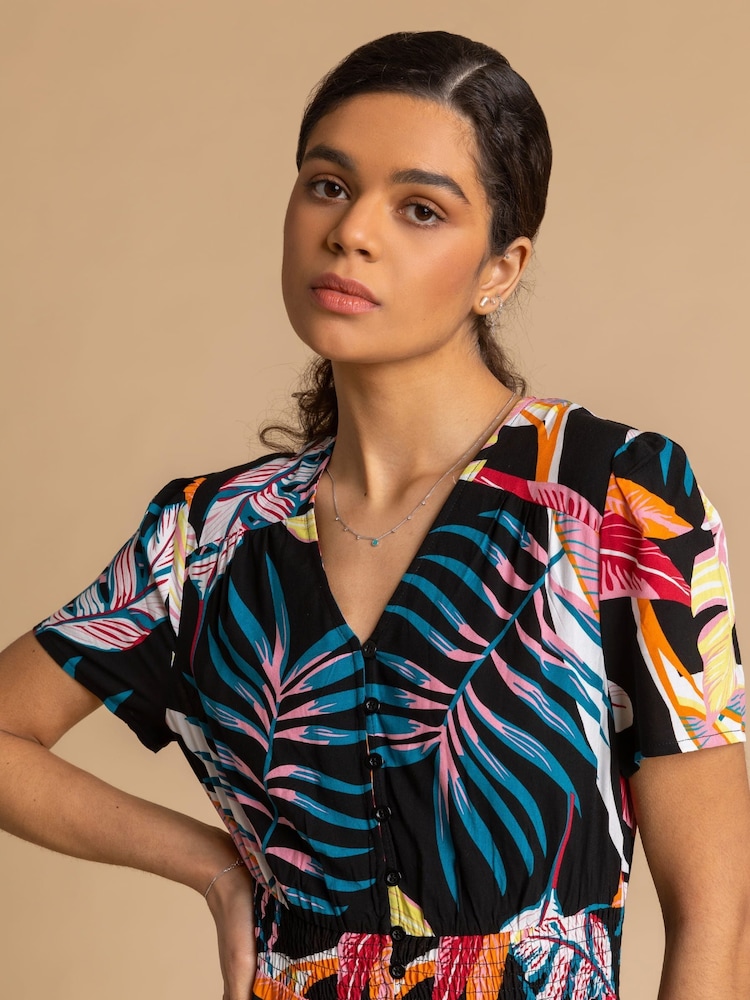 Roman Black Tropical Palm Shirred Waist Maxi Dress - Image 5 of 5