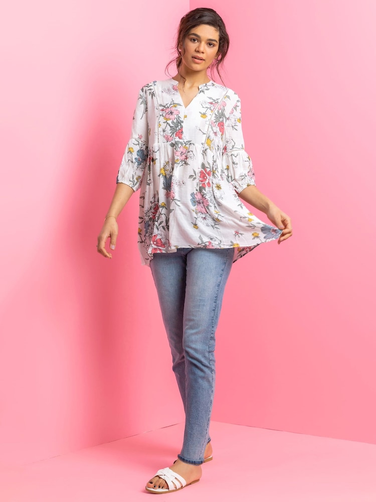 Roman White Floral Print Boho Smock Top - Image 3 of 4