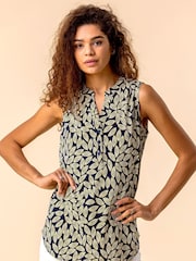 Roman Yellow Leaf Print Button Detail Top - Image 1 of 4