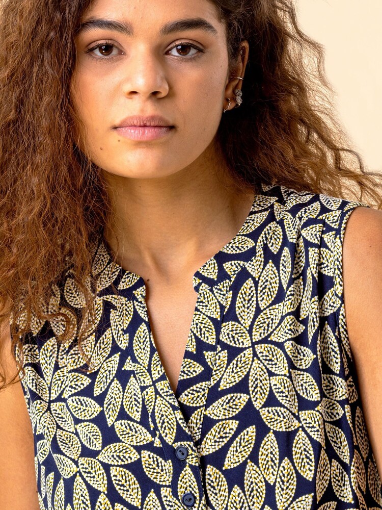 Roman Yellow Leaf Print Button Detail Top - Image 4 of 4