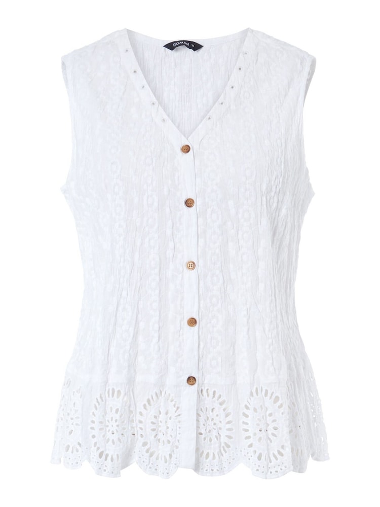 Blanco - Blusa de algodón 100% con detalle de ojales, bordado y tejido arrugado de Roman - Imagen 3 de 3 Blanco - Blusa de algodón 100% con detalle de ojales, bordado y tejido arrugado de Roman - Imagen 3 de 3