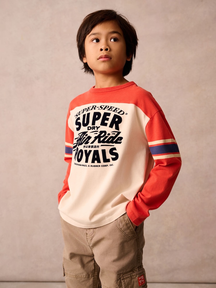 Superdry Orange Long Sleeve T-Shirt with Flock Print - Image 1 of 9
