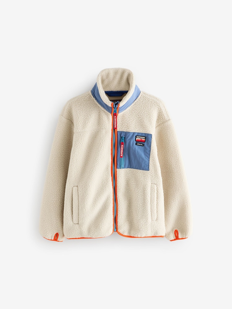 Superdry Ecru White Borg Zip Through Jacket - Image 1 of 6