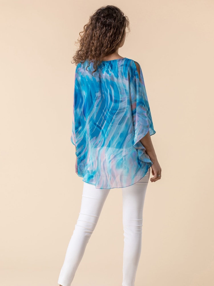 Roman Blue Abstract Print Chiffon Top - Image 2 of 4