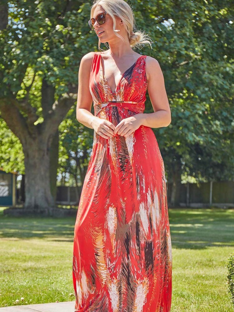 Roman Orange Abstract Print Sleeveless Maxi Dress - Image 1 of 7