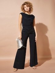 Roman Black Cowl Neck Ruched Jumpsuit - Image 1 of 4