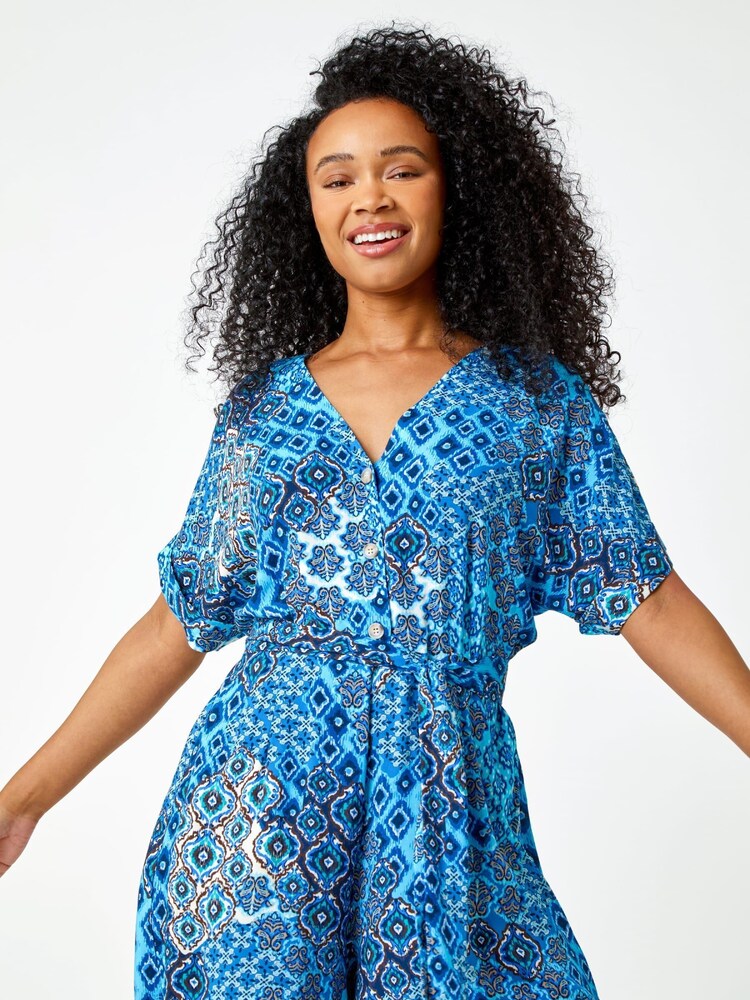 Roman Blue Petite Boho Print Playsuit - Image 1 of 5