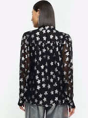 River Island Black Metallic Star Pussybow Shirt - Image 2 of 4