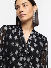 River Island Black Metallic Star Pussybow Shirt - Image 3 of 4