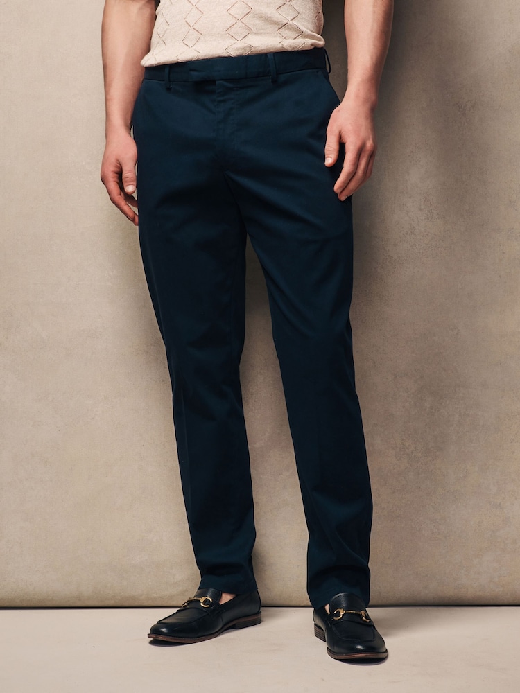 Navy Blue Stretch Sateen Chino Trousers - Image 1 of 9