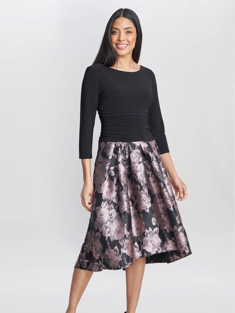 Gina Bacconi Hannah Floral Printed Jacquard Black Dress - Image 1 of 6