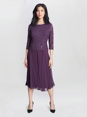Gina Bacconi Purple Rona Midi Length Dress With Lace Bodice and Chiffon Skirt - Image 1 of 5