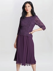 Gina Bacconi Purple Rona Midi Length Dress With Lace Bodice and Chiffon Skirt - Image 3 of 5