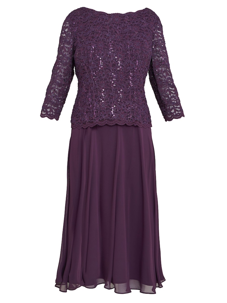 Gina Bacconi Purple Rona Midi Length Dress With Lace Bodice and Chiffon Skirt - Image 5 of 5