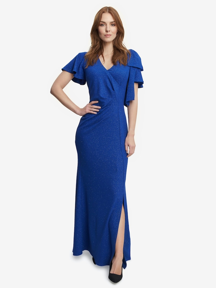 Gina Bacconi Blue Metallic Maxi Dress With V-Neck And Bow At Sleeve - Image 1 of 1