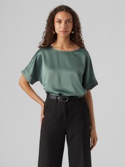 VERO MODA Green Short Sleeve Satin Top - Image 1 of 5
