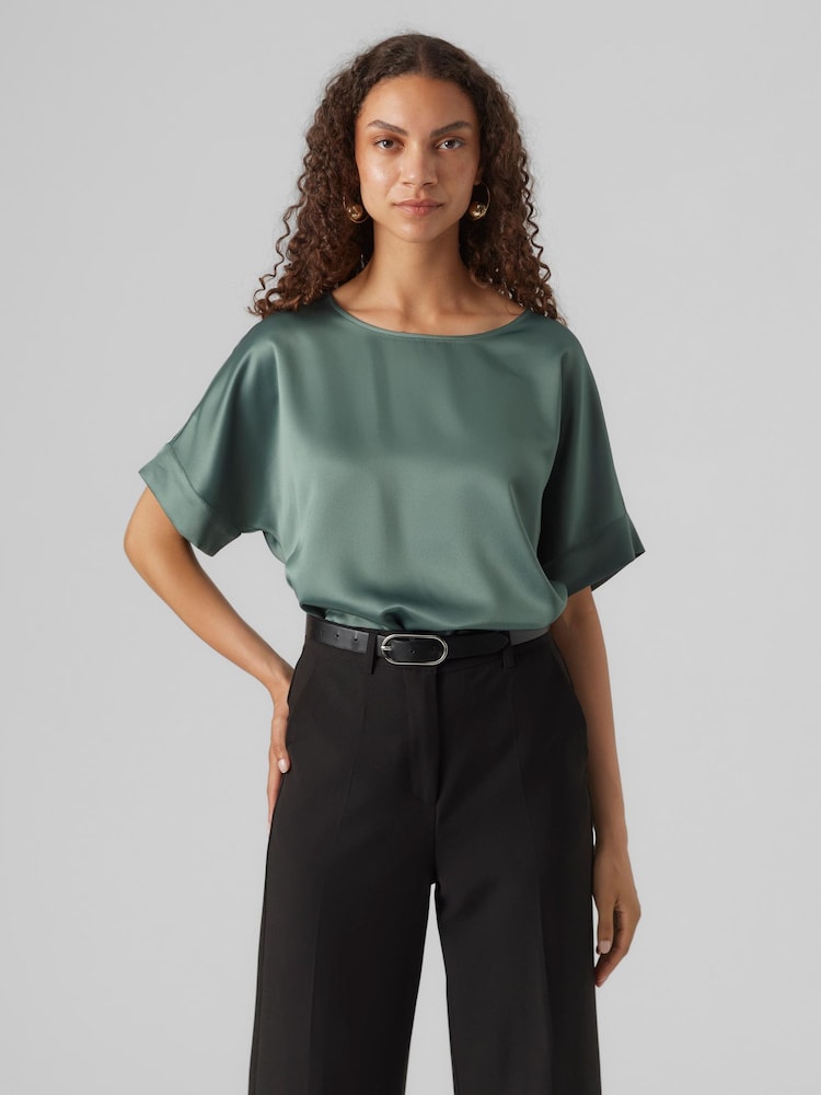 VERO MODA Green Short Sleeve Satin Top - Image 1 of 5