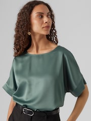 VERO MODA Green Short Sleeve Satin Top - Image 4 of 5
