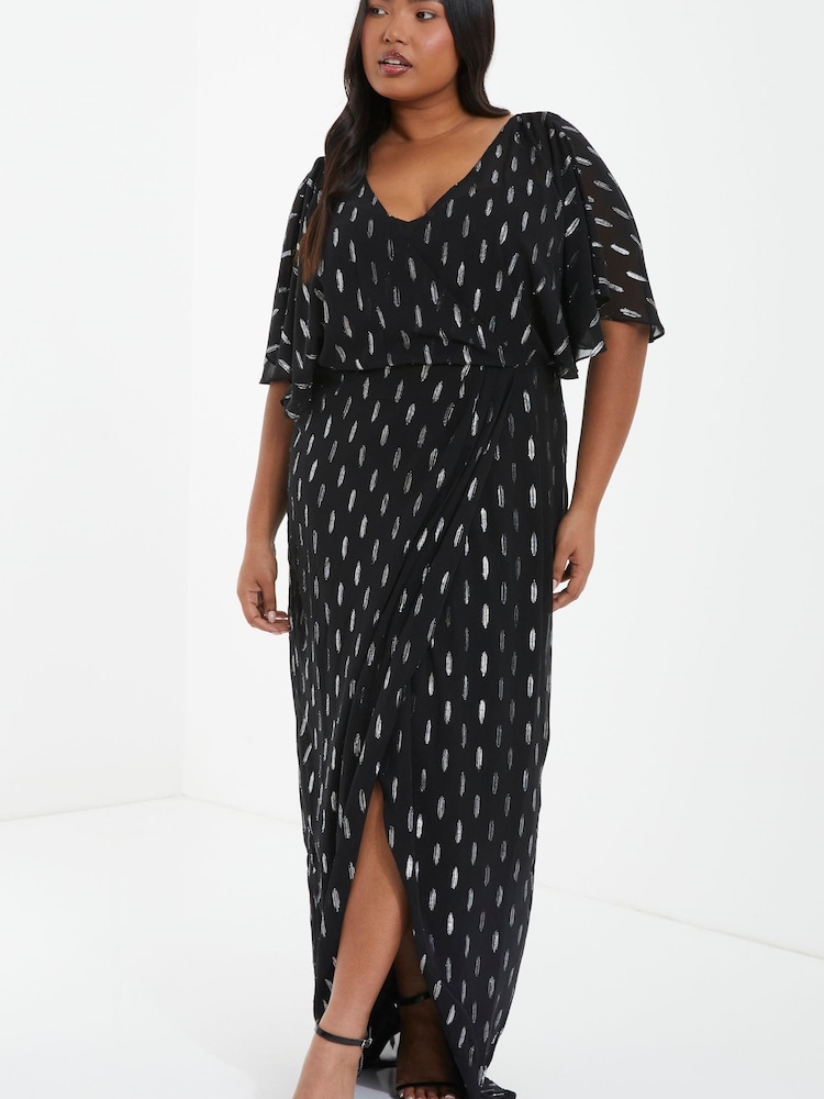 Quiz Black Curve Chiffon Foil Midi Dress With Cape Sleeve - Image 1 of 3