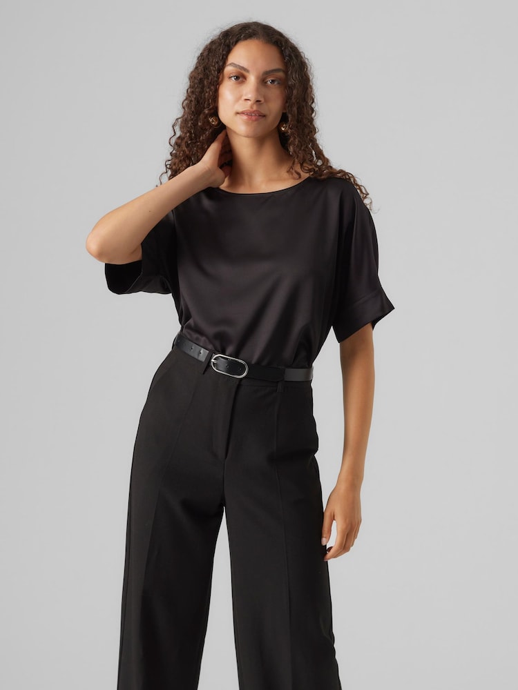 VERO MODA Black Short Sleeve Satin Top - Image 1 of 5