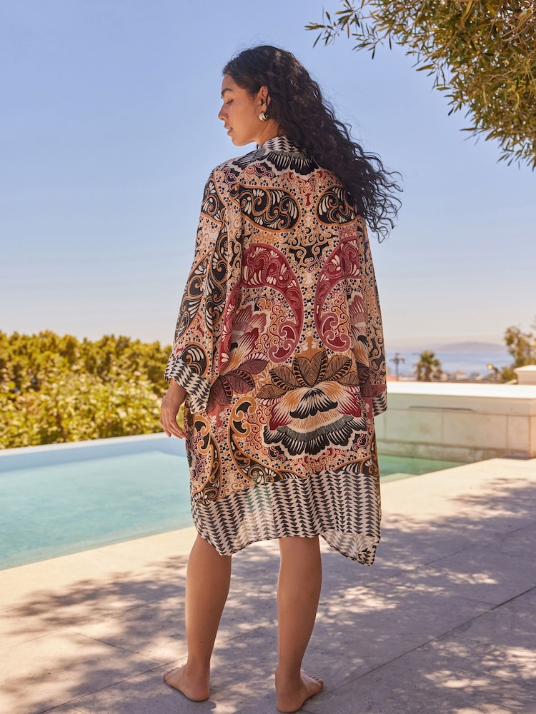 Brown/Cream Paisley Floral Longline Kimono Cover-Up - Image 2 of 6