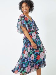 Roman Blue Petite Floral Chiffon Cape Dress - Image 1 of 5