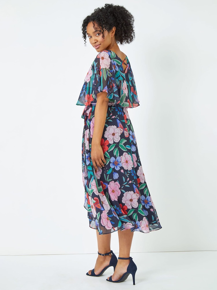 Roman Blue Petite Floral Chiffon Cape Dress - Image 2 of 5