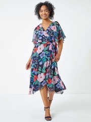 Roman Blue Petite Floral Chiffon Cape Dress - Image 3 of 5