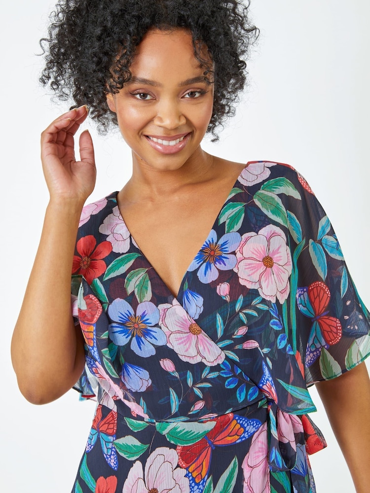 Roman Blue Petite Floral Chiffon Cape Dress - Image 5 of 5