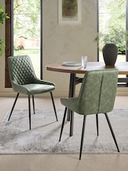 Set of 2 Arona Faux Leather Khaki Green Hamilton Black Leg Quilted Dining Chairs - Image 1 of 10