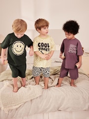 Purple/Green Checkerboard Smile 100% Cotton Short Pyjamas 3 Pack (9mths-8yrs) - Image 1 of 9