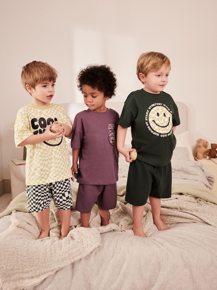 Purple/Green Checkerboard Smile 100% Cotton Short Pyjamas 3 Pack (9mths-8yrs) - Image 2 of 9 Purple/Green Checkerboard Smile 100% Cotton Short Pyjamas 3 Pack (9mths-8yrs) - Image 2 of 9