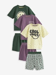 Purple/Green Checkerboard Smile 100% Cotton Short Pyjamas 3 Pack (9mths-8yrs) - Image 5 of 9