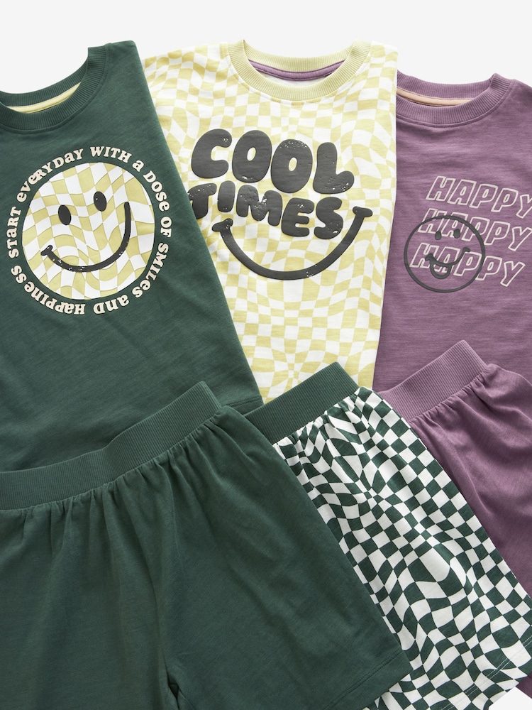 Purple/Green Checkerboard Smile 100% Cotton Short Pyjamas 3 Pack (9mths-8yrs) - Image 9 of 9