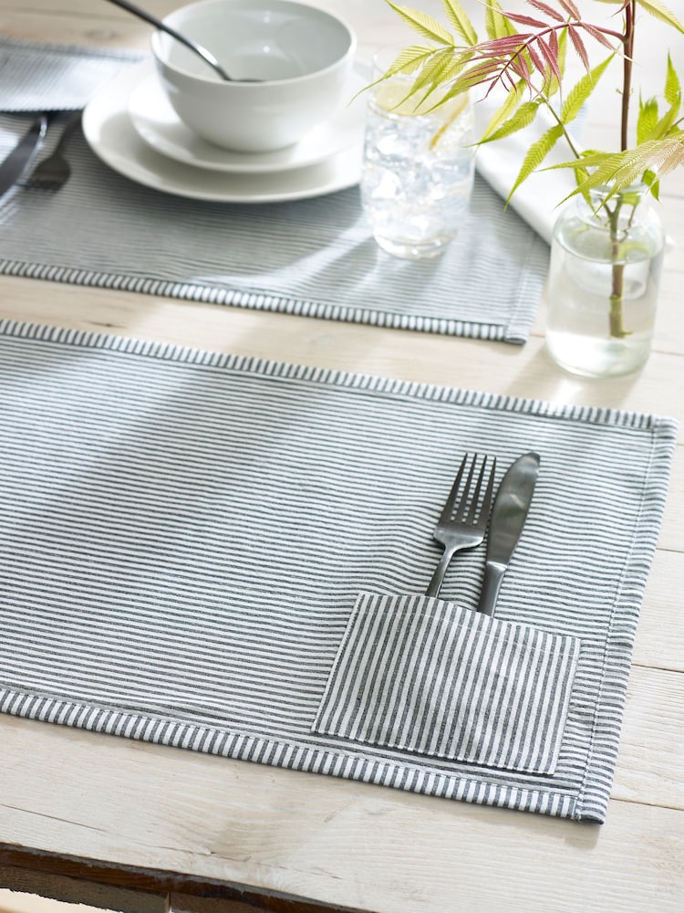 Set of 2 Charcoal Grey Bronx Stripe 100% Cotton Placemats with Cutlery Pocket - Image 2 of 5