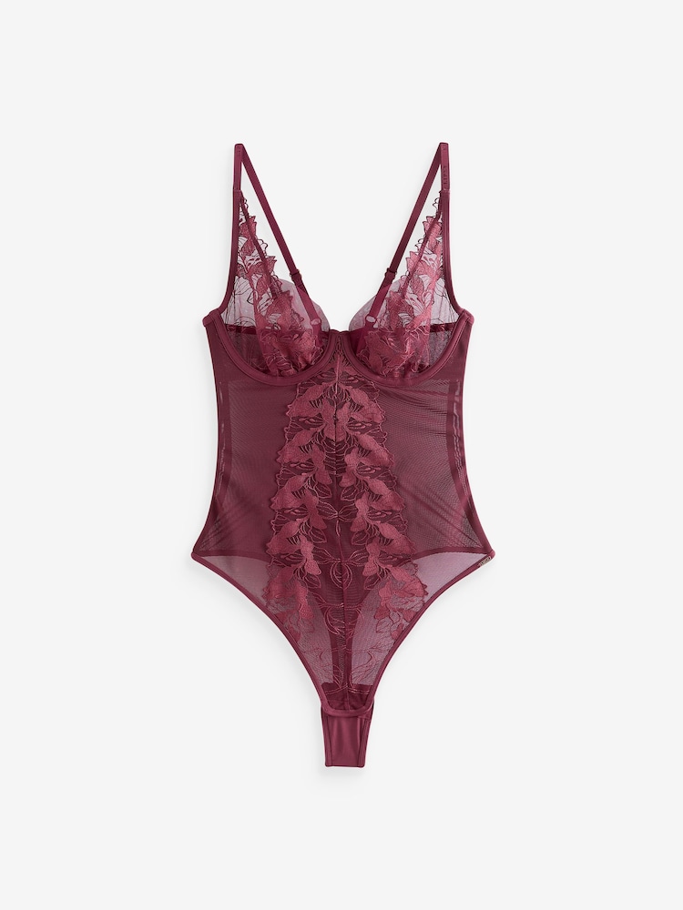 Lipsy Plum Purple Placement Lace Thong Back Bodysuit - Image 2 of 6
