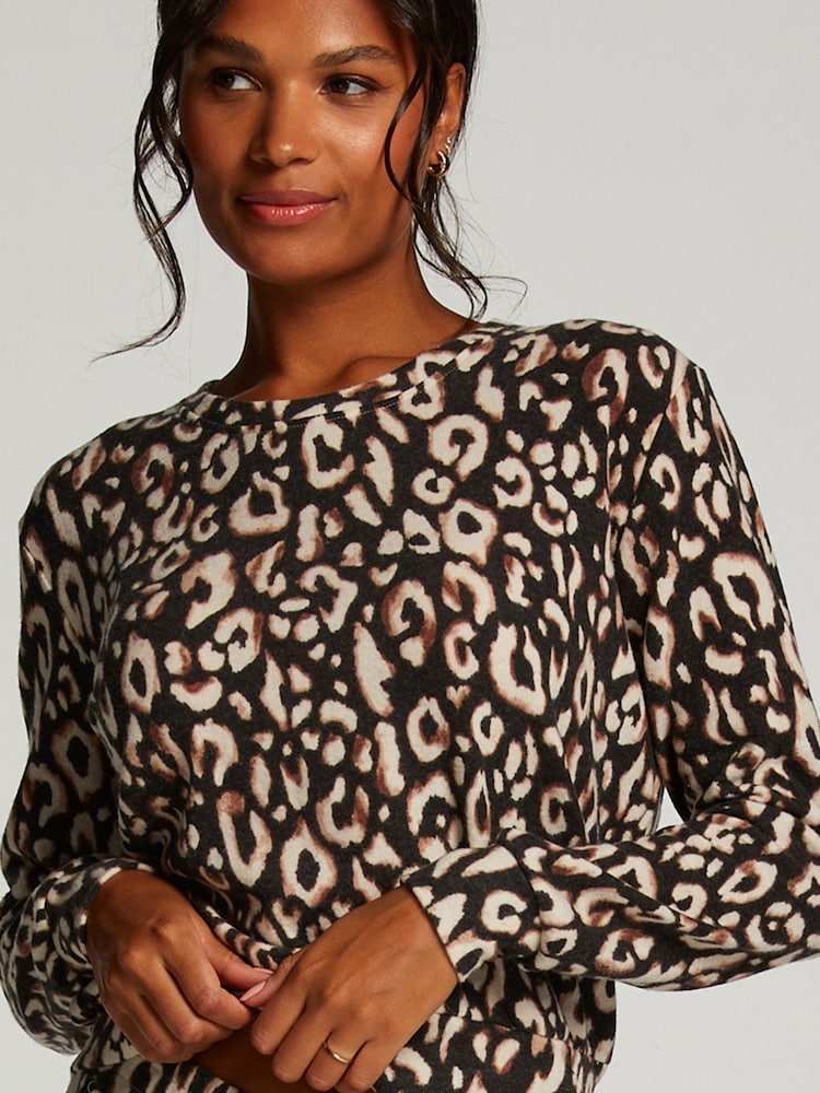Hunkemoller Black Animal Print Jersey Long-Sleeved Pyjama Top - Image 1 of 5