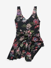 Black/Pink Floral Tummy Shaping Control Skirted Swim Dress - Image 4 of 5