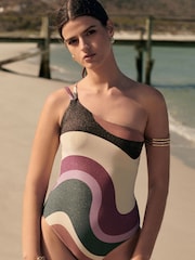 Ecru/Purple Wavey Glitter One Shoulder Tummy Shaping Control Swimsuit - Image 1 of 8
