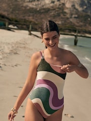 Ecru/Purple Wavey Glitter One Shoulder Tummy Shaping Control Swimsuit - Image 3 of 8