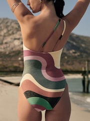 Ecru/Purple Wavey Glitter One Shoulder Tummy Shaping Control Swimsuit - Image 6 of 8
