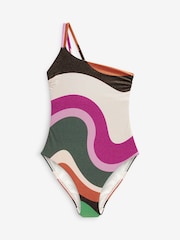 Ecru/Purple Wavey Glitter One Shoulder Tummy Shaping Control Swimsuit - Image 8 of 8