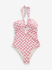 Pink/White Check Twist Neck Shaping Swimsuit - Image 4 of 4