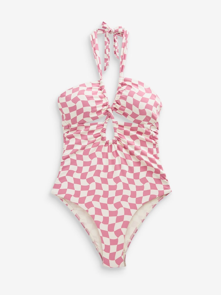 Pink/White Check Twist Neck Shaping Swimsuit - Image 4 of 4