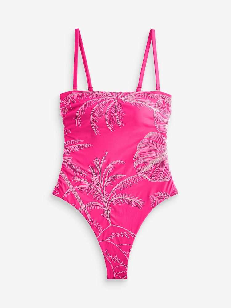 Pink/White Embroidered Bandeau Tummy Shaping Control Swimsuit - Image 6 of 6