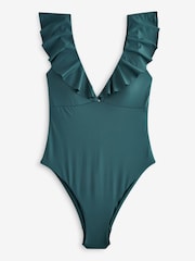 Teal Blue Frill Plunge Tummy Shaping Control Swimsuit - Image 6 of 6